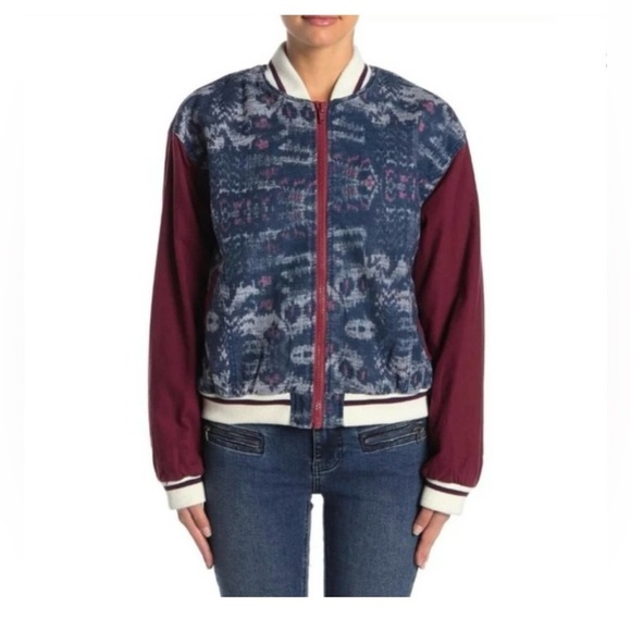 FREE PEOPLE Varsity of Dreams Bomber Jacket Denim Maroon XS - Picture 2 of 13